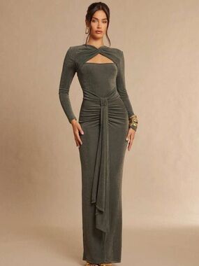 Elegant Gray-Green Long Sleeve Twist Front Maxi Dress